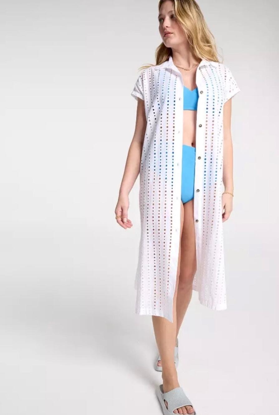 Calia Womens M White Cotton Eyelet Extended sleeve Button Down Swim Cover Up NWT